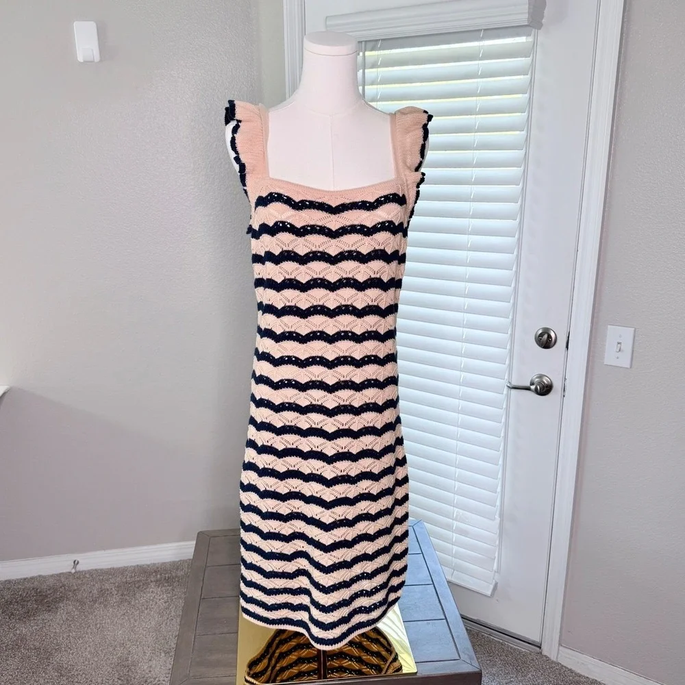 NWT Midi Dress Crochet Knit Chevron Ruffle Blush Cream Navy Nautical Soft Girl - Picture 4 of 11